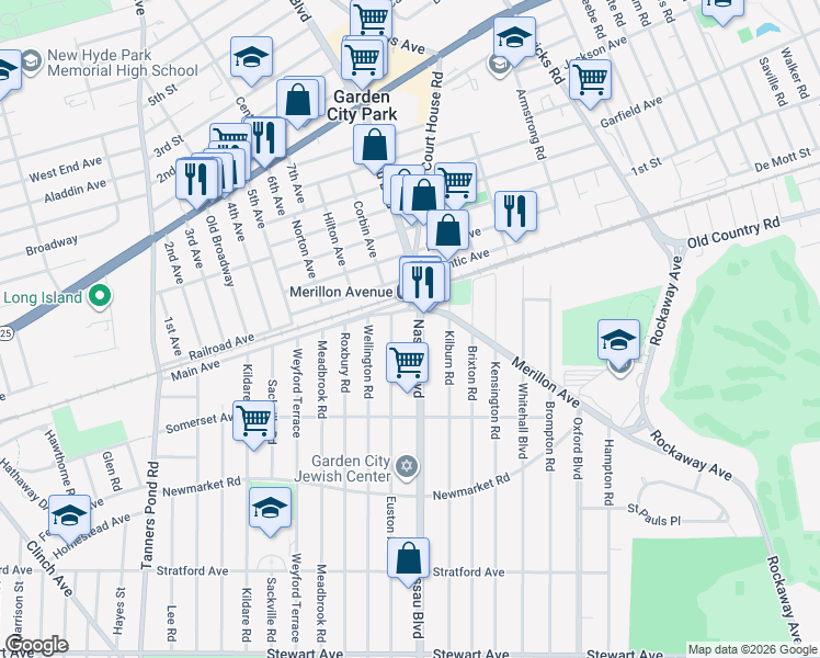 map of restaurants, bars, coffee shops, grocery stores, and more near 217 Nassau Boulevard in Garden City