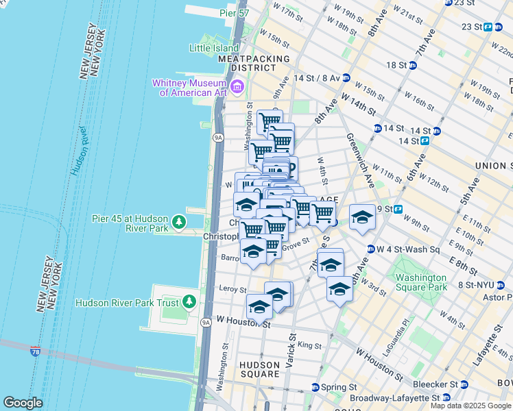 map of restaurants, bars, coffee shops, grocery stores, and more near 131 Charles Street in New York