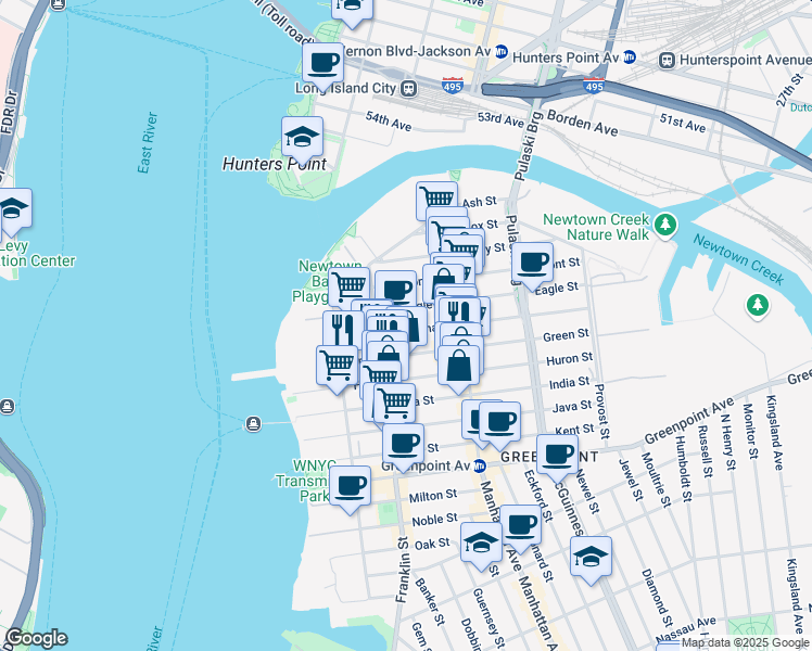 map of restaurants, bars, coffee shops, grocery stores, and more near 113 Freeman Street in Brooklyn