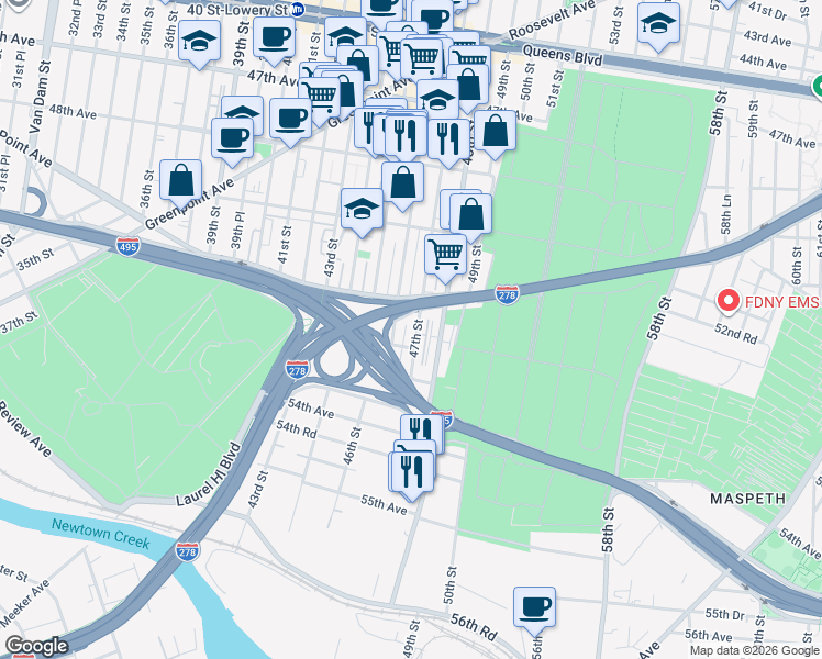 map of restaurants, bars, coffee shops, grocery stores, and more near 51-29 46th Street in Queens