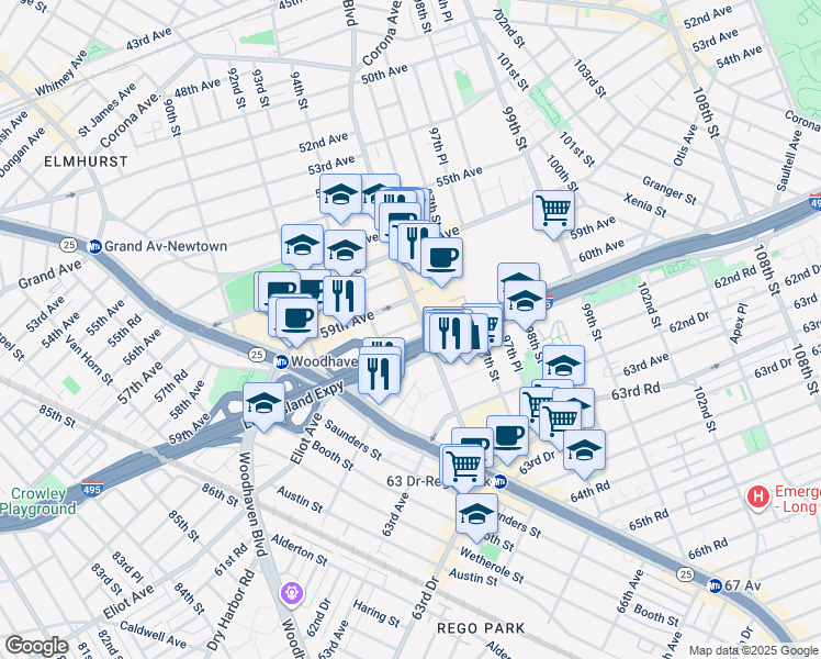 map of restaurants, bars, coffee shops, grocery stores, and more near 163 Horace Harding Expressway in Queens