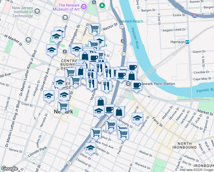map of restaurants, bars, coffee shops, grocery stores, and more near 12-6 Edison Place in Newark