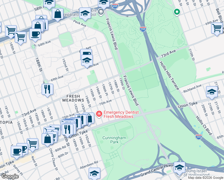 map of restaurants, bars, coffee shops, grocery stores, and more near 73-60 197th Street in Queens