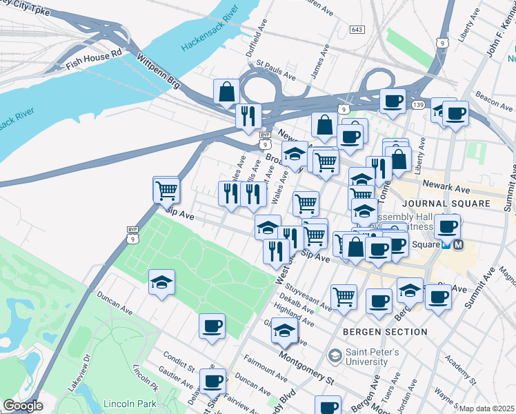 map of restaurants, bars, coffee shops, grocery stores, and more near 18 Wright Avenue in Jersey City