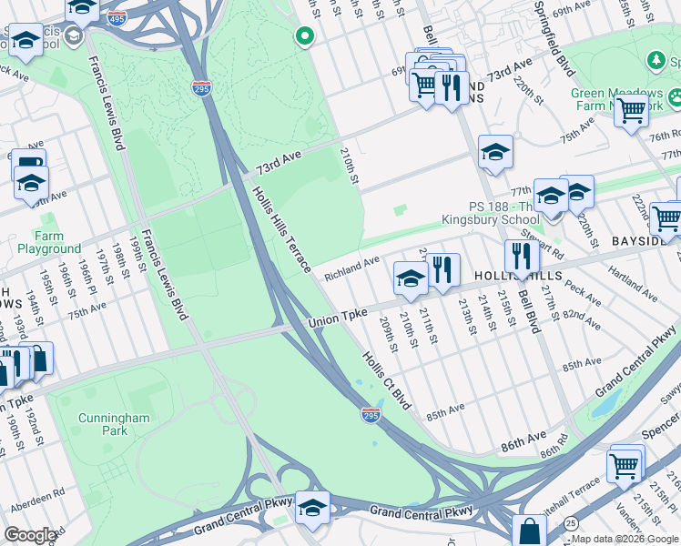 map of restaurants, bars, coffee shops, grocery stores, and more near 206-18 Richland Avenue in Queens