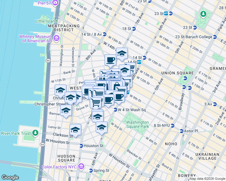 map of restaurants, bars, coffee shops, grocery stores, and more near 169 Waverly Place in New York
