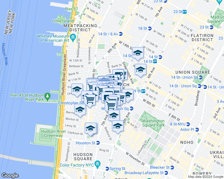 map of restaurants, bars, coffee shops, grocery stores, and more near 238 West 4th Street in New York