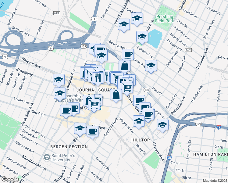 map of restaurants, bars, coffee shops, grocery stores, and more near 28 Cottage Street in Jersey City