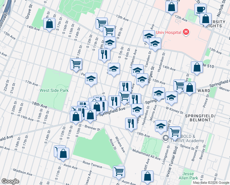 map of restaurants, bars, coffee shops, grocery stores, and more near 394 South 6th Street in Newark