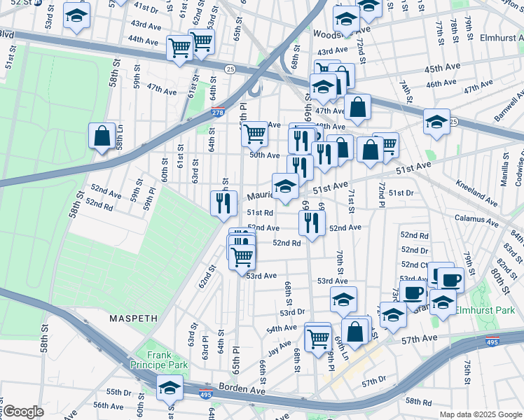 map of restaurants, bars, coffee shops, grocery stores, and more near 51-39 66th Street in Queens