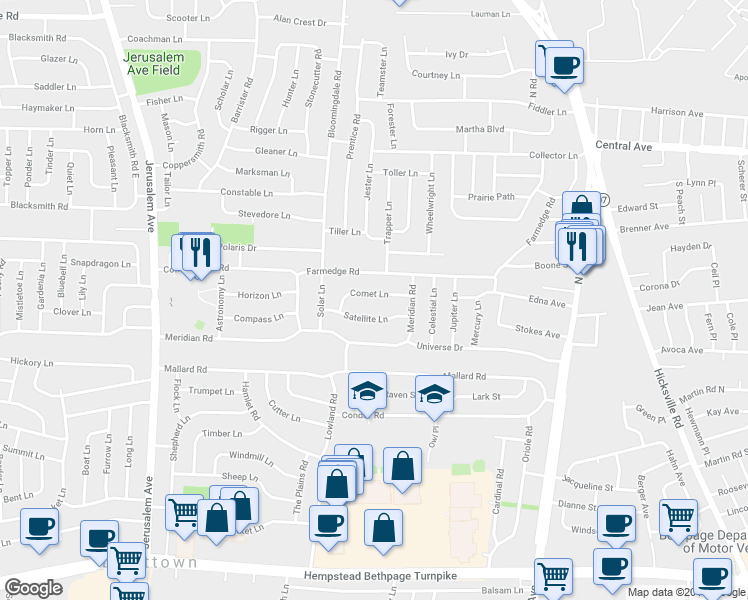map of restaurants, bars, coffee shops, grocery stores, and more near 26 Comet Lane in Levittown