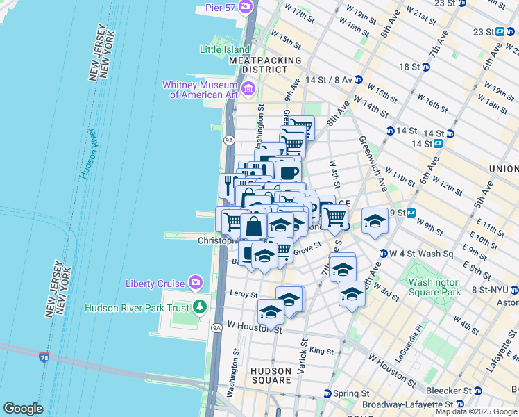 map of restaurants, bars, coffee shops, grocery stores, and more near 693 Washington Street in New York
