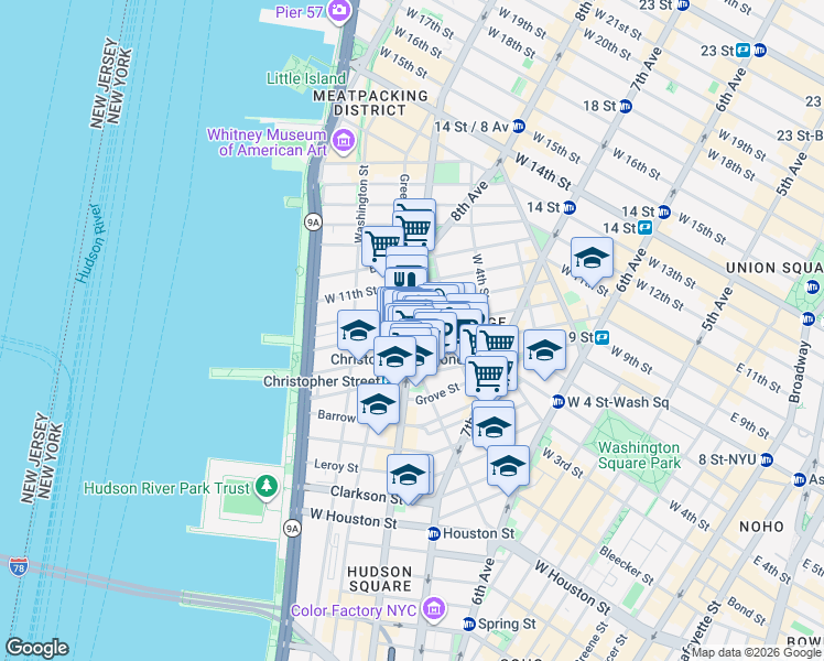 map of restaurants, bars, coffee shops, grocery stores, and more near Hudson St & Charles St in New York