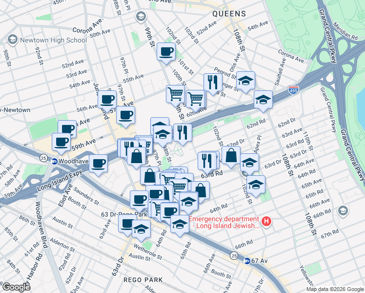 map of restaurants, bars, coffee shops, grocery stores, and more near 98-52 62nd Road in Queens