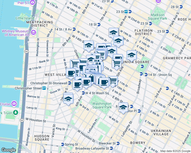 map of restaurants, bars, coffee shops, grocery stores, and more near 68 West 10th Street in New York