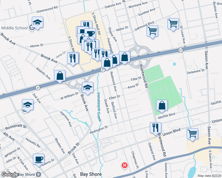 map of restaurants, bars, coffee shops, grocery stores, and more near 56 Redmond Avenue in Bay Shore
