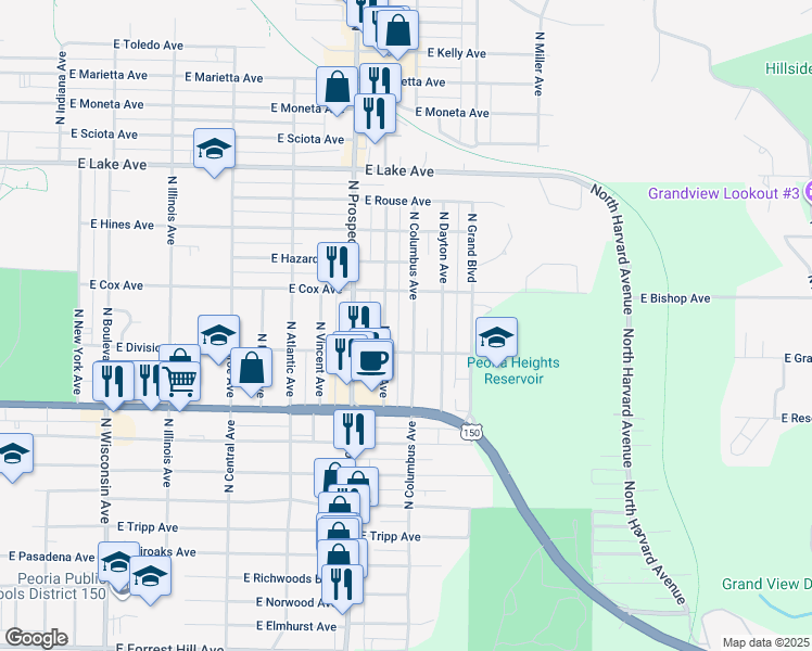 map of restaurants, bars, coffee shops, grocery stores, and more near 3820 North Ashton Avenue in Peoria