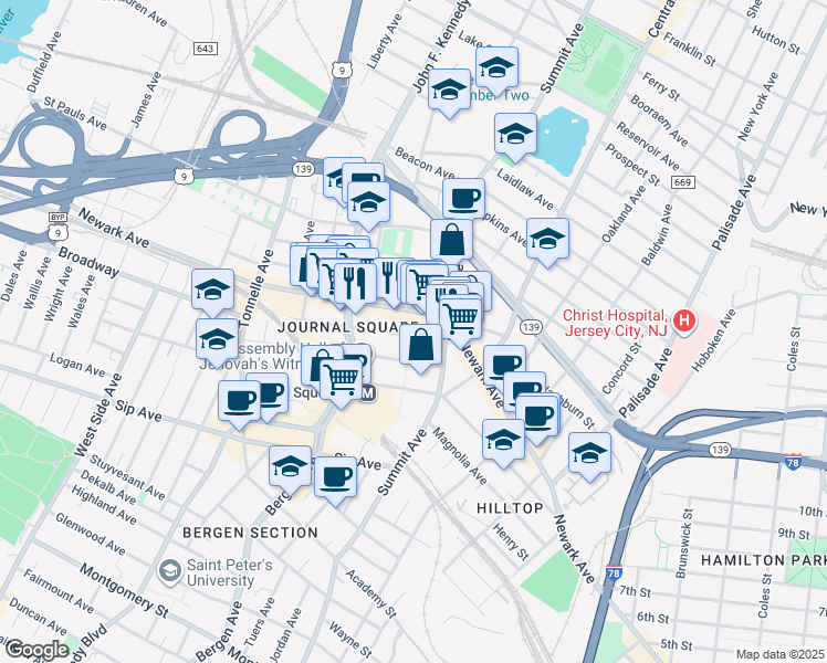 map of restaurants, bars, coffee shops, grocery stores, and more near 28 Cottage Street in Jersey City