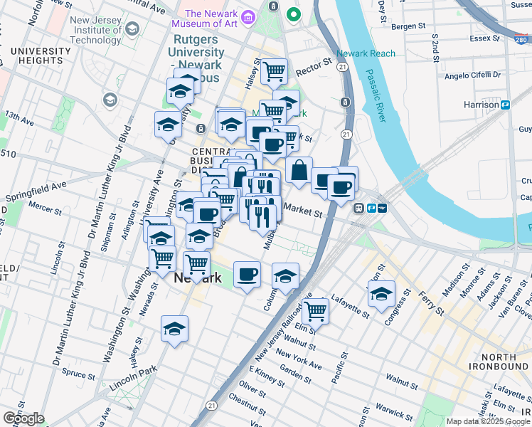 map of restaurants, bars, coffee shops, grocery stores, and more near 64 Edison Place in Newark