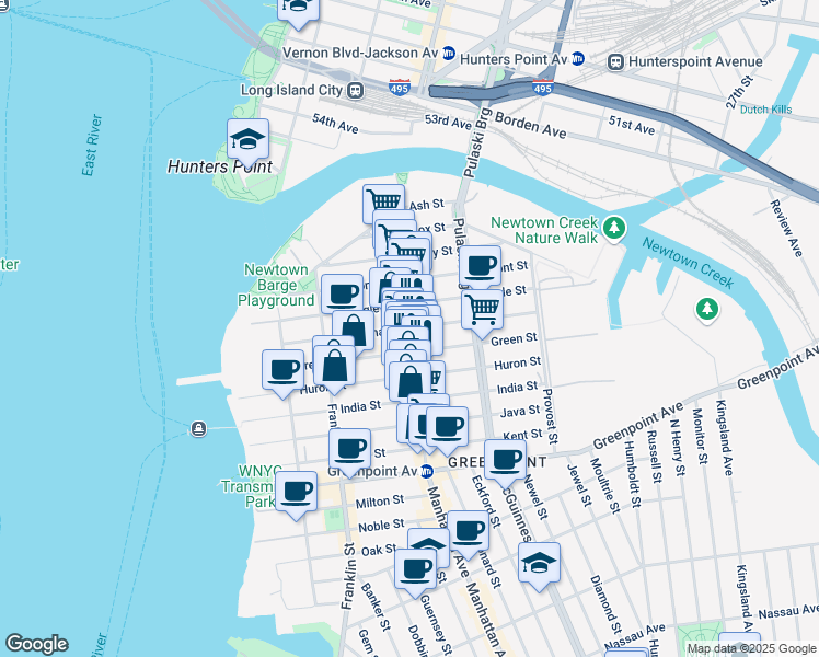 map of restaurants, bars, coffee shops, grocery stores, and more near Manhattan Ave & Freeman St in Brooklyn