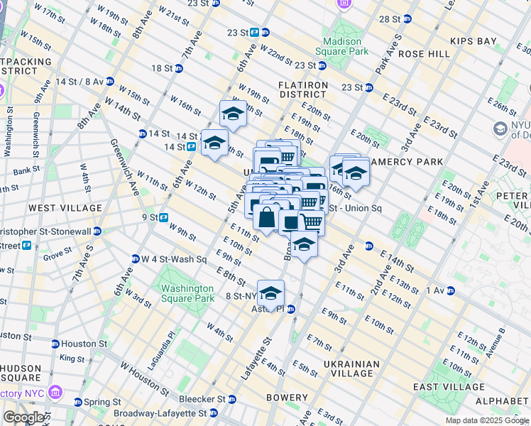 map of restaurants, bars, coffee shops, grocery stores, and more near 114 University Place in New York