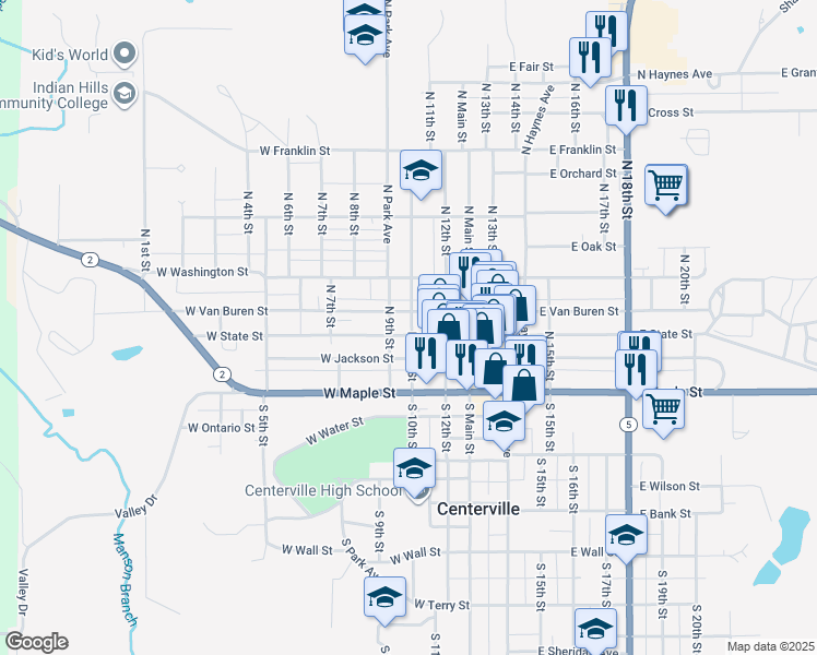 map of restaurants, bars, coffee shops, grocery stores, and more near 398 North 10th Street in Centerville
