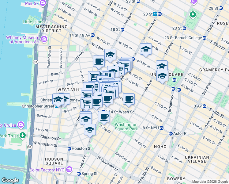 map of restaurants, bars, coffee shops, grocery stores, and more near in New York