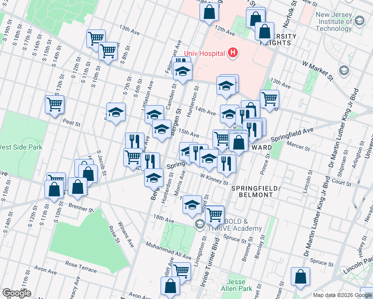 map of restaurants, bars, coffee shops, grocery stores, and more near 326 Springfield Avenue in Newark