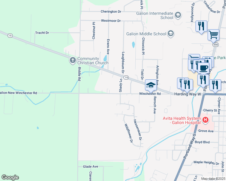 map of restaurants, bars, coffee shops, grocery stores, and more near 110 Shady Lane in Galion