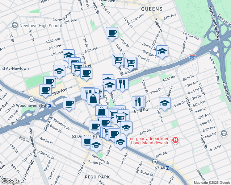 map of restaurants, bars, coffee shops, grocery stores, and more near 63-45 98th Street in Queens