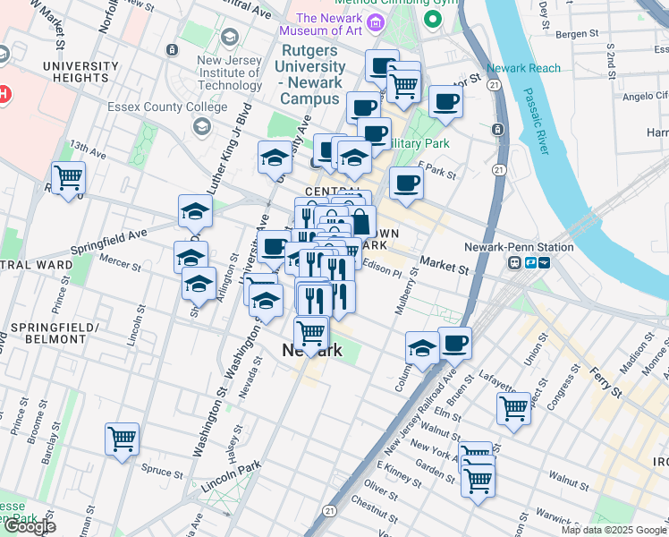 map of restaurants, bars, coffee shops, grocery stores, and more near 851 Broad Street in Newark