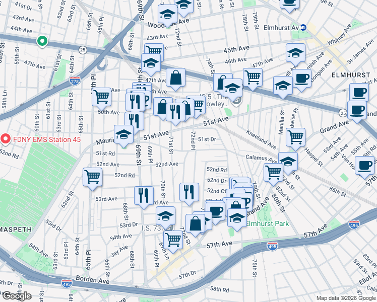 map of restaurants, bars, coffee shops, grocery stores, and more near 72nd Street in Queens