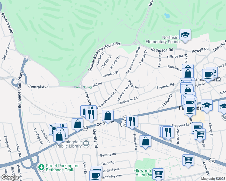 map of restaurants, bars, coffee shops, grocery stores, and more near 147 Thomas Powell Boulevard in Farmingdale
