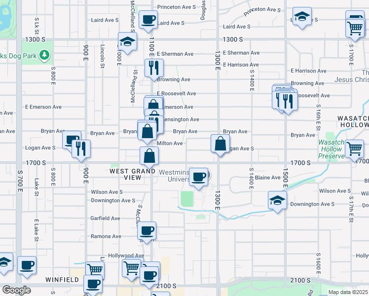 map of restaurants, bars, coffee shops, grocery stores, and more near 1610 South 1200 East in Salt Lake City