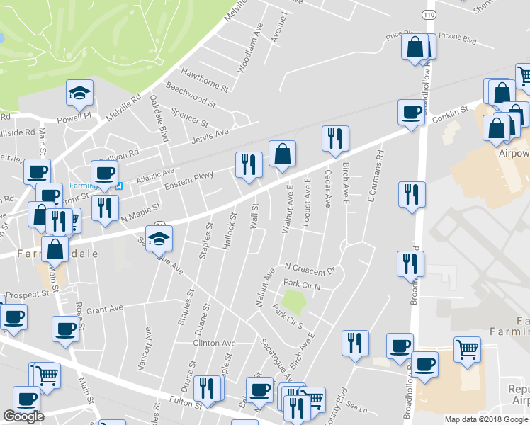 map of restaurants, bars, coffee shops, grocery stores, and more near 17 Barbara Lane in Farmingdale