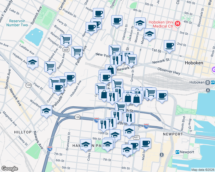 map of restaurants, bars, coffee shops, grocery stores, and more near 825 Jersey Avenue in Jersey City