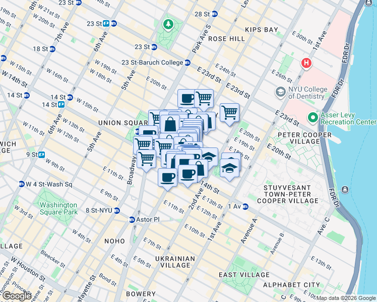 map of restaurants, bars, coffee shops, grocery stores, and more near 200 East 16th Street in New York