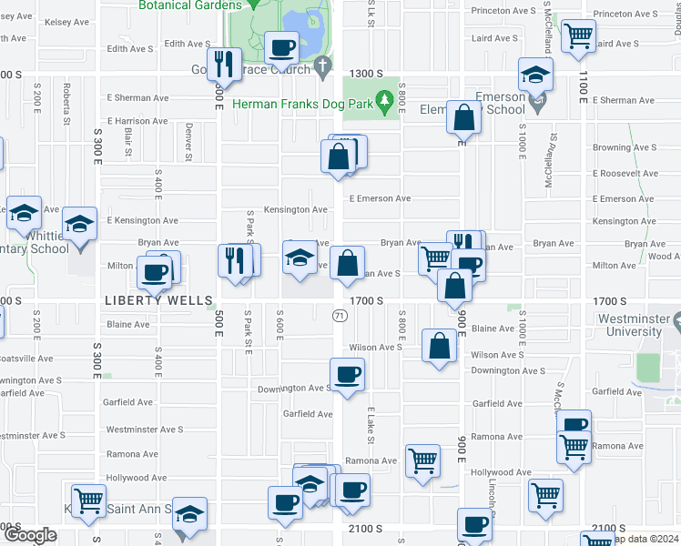 map of restaurants, bars, coffee shops, grocery stores, and more near 571 Logan Avenue South in Salt Lake City