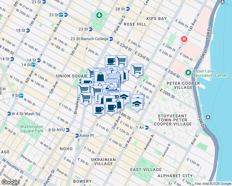 map of restaurants, bars, coffee shops, grocery stores, and more near 207 East 15th Street in New York