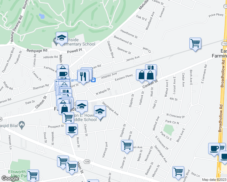 map of restaurants, bars, coffee shops, grocery stores, and more near 675 New York 24 in Farmingdale