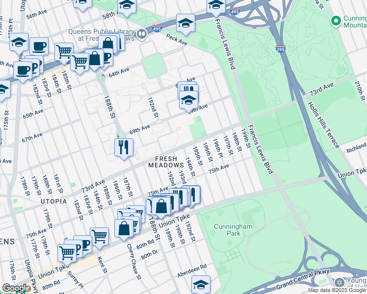 map of restaurants, bars, coffee shops, grocery stores, and more near 73-11 193rd Street in Queens