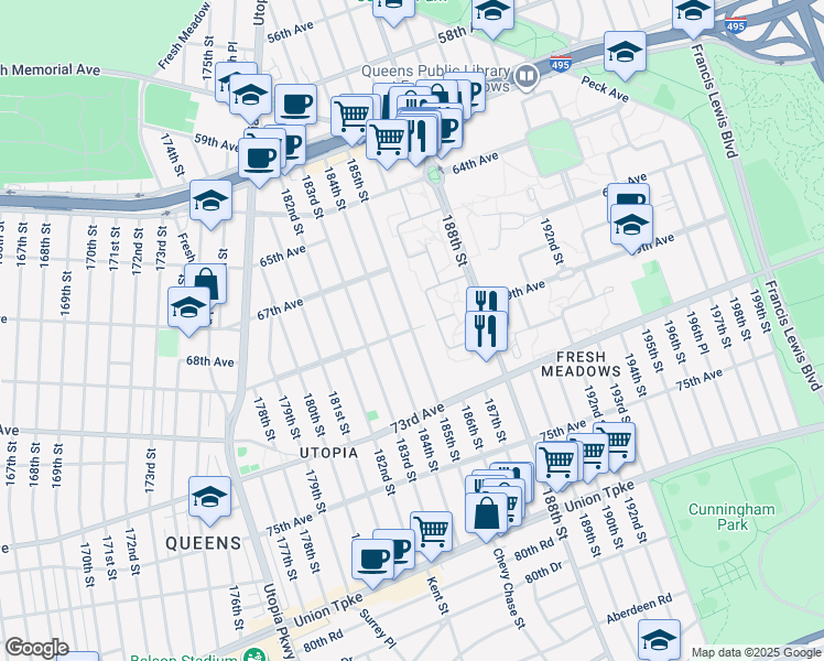 map of restaurants, bars, coffee shops, grocery stores, and more near 69-18 185th Street in Queens