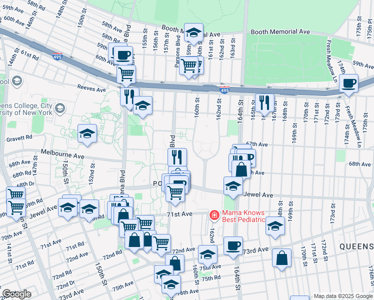 map of restaurants, bars, coffee shops, grocery stores, and more near 65-90 160th Street in Queens