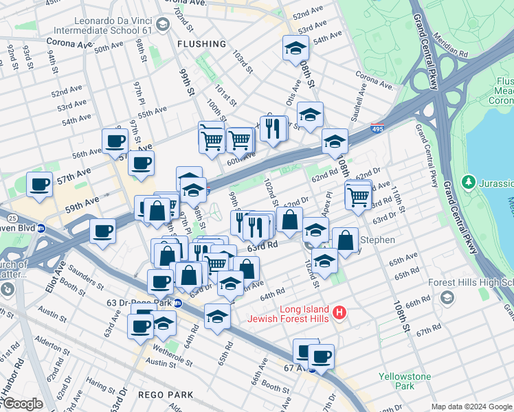 map of restaurants, bars, coffee shops, grocery stores, and more near 99-17 62nd Drive in Queens
