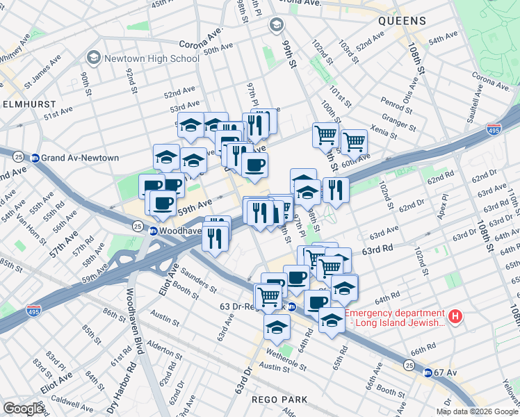 map of restaurants, bars, coffee shops, grocery stores, and more near 250 Horace Harding Expressway in Queens