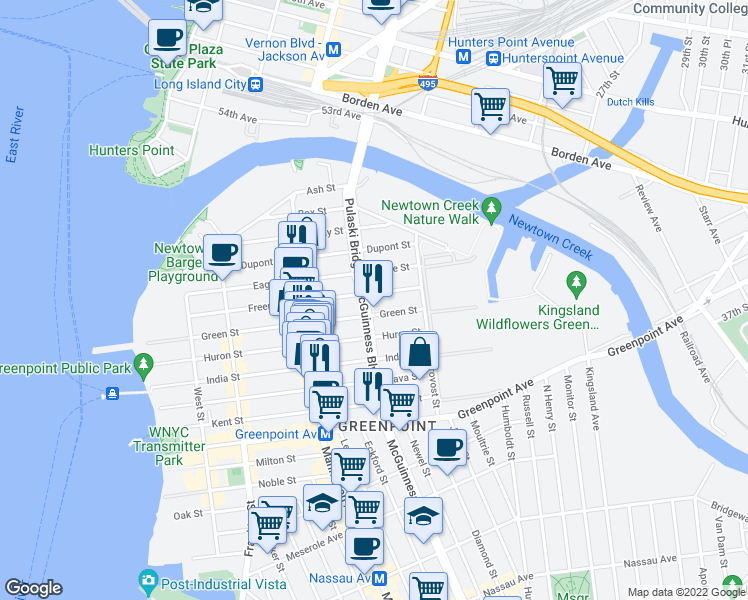 map of restaurants, bars, coffee shops, grocery stores, and more near 234 Green Street in Brooklyn