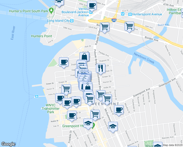 map of restaurants, bars, coffee shops, grocery stores, and more near 207 Green Street in Brooklyn