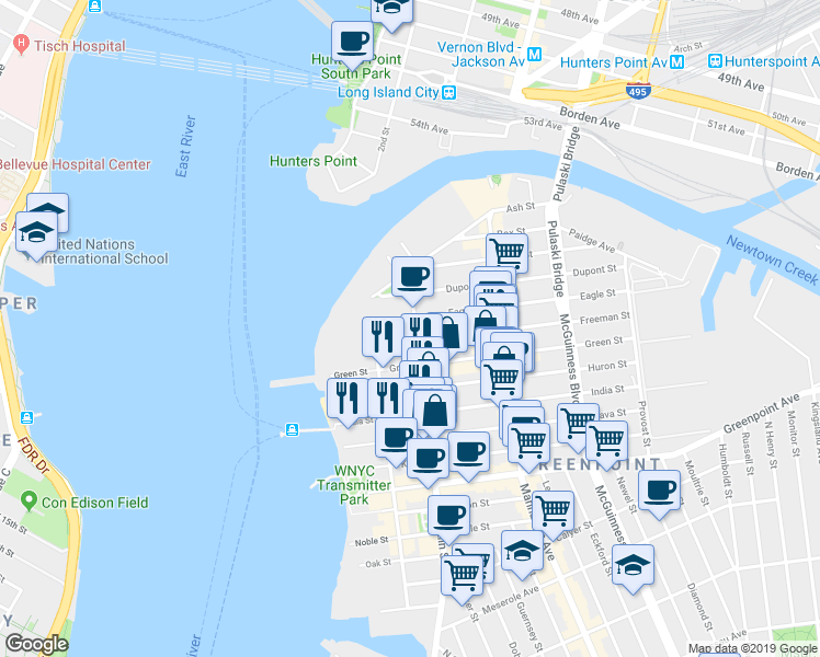 map of restaurants, bars, coffee shops, grocery stores, and more near 74 Freeman Street in Brooklyn