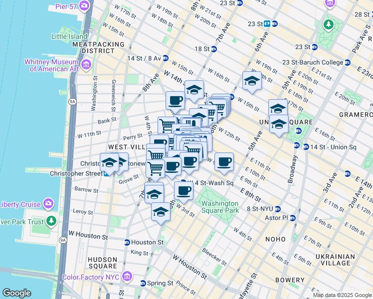 map of restaurants, bars, coffee shops, grocery stores, and more near 58 1/2 West 8th Street in New York