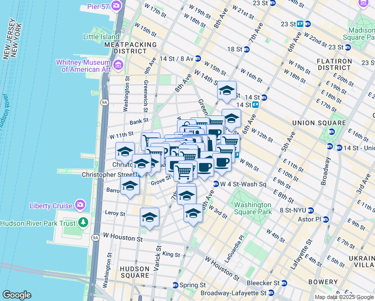 map of restaurants, bars, coffee shops, grocery stores, and more near in New York